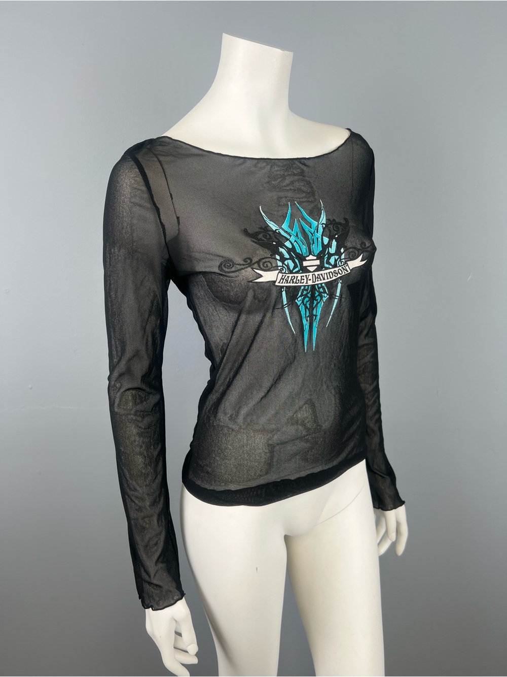 Harley-Davidson Women's Black Sheer Mesh Long Sleeve Top with Teal Graphic